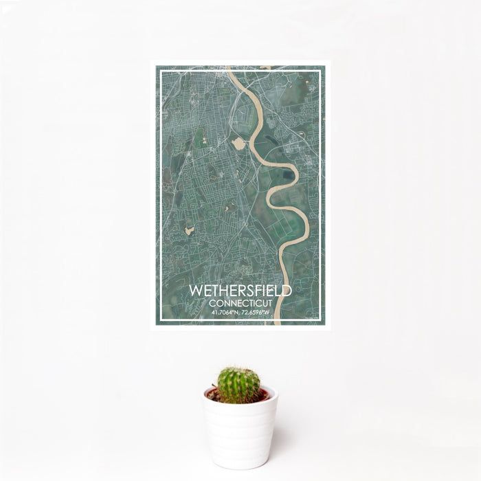 12x18 Wethersfield Connecticut Map Print Portrait Orientation in Afternoon Style With Small Cactus Plant in White Planter