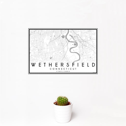 12x18 Wethersfield Connecticut Map Print Landscape Orientation in Classic Style With Small Cactus Plant in White Planter