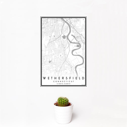 12x18 Wethersfield Connecticut Map Print Portrait Orientation in Classic Style With Small Cactus Plant in White Planter