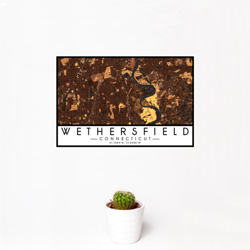 12x18 Wethersfield Connecticut Map Print Landscape Orientation in Ember Style With Small Cactus Plant in White Planter