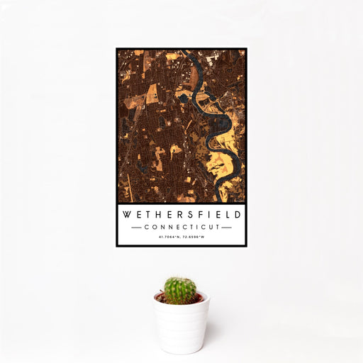 12x18 Wethersfield Connecticut Map Print Portrait Orientation in Ember Style With Small Cactus Plant in White Planter