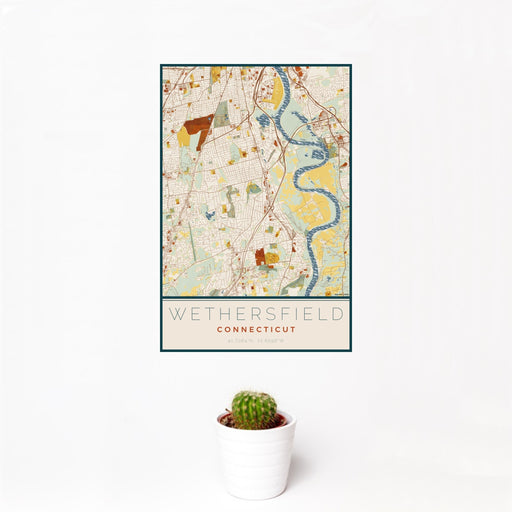 12x18 Wethersfield Connecticut Map Print Portrait Orientation in Woodblock Style With Small Cactus Plant in White Planter