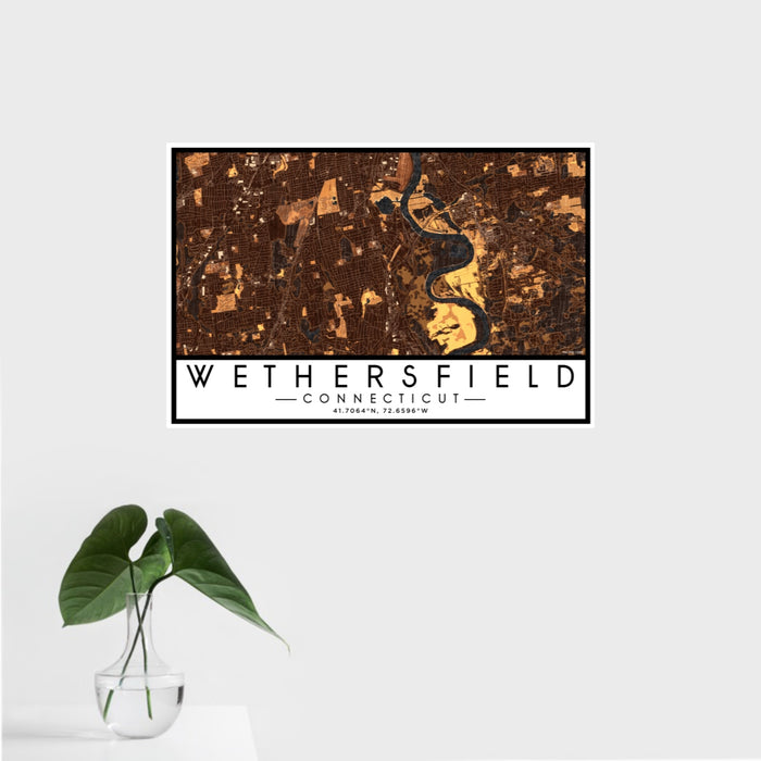 16x24 Wethersfield Connecticut Map Print Landscape Orientation in Ember Style With Tropical Plant Leaves in Water