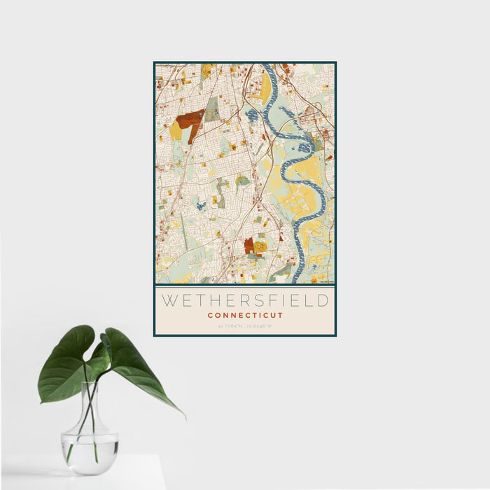 16x24 Wethersfield Connecticut Map Print Portrait Orientation in Woodblock Style With Tropical Plant Leaves in Water