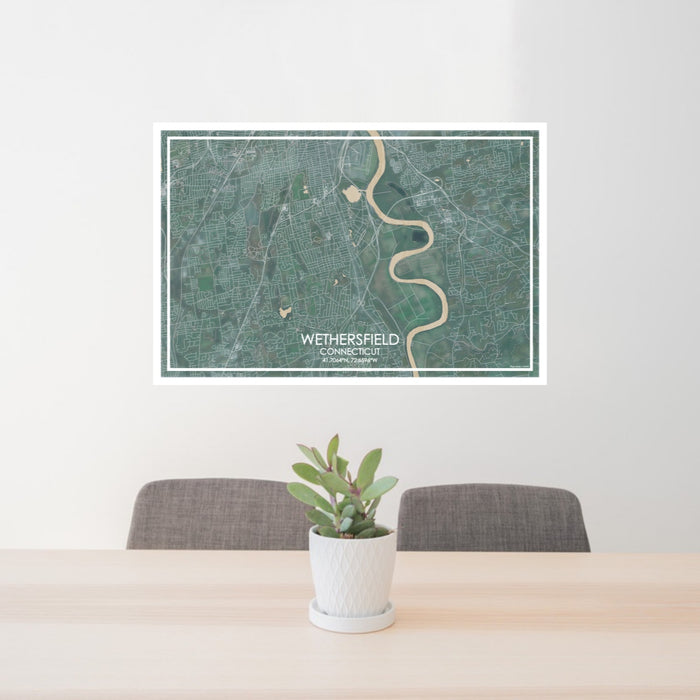 24x36 Wethersfield Connecticut Map Print Lanscape Orientation in Afternoon Style Behind 2 Chairs Table and Potted Plant