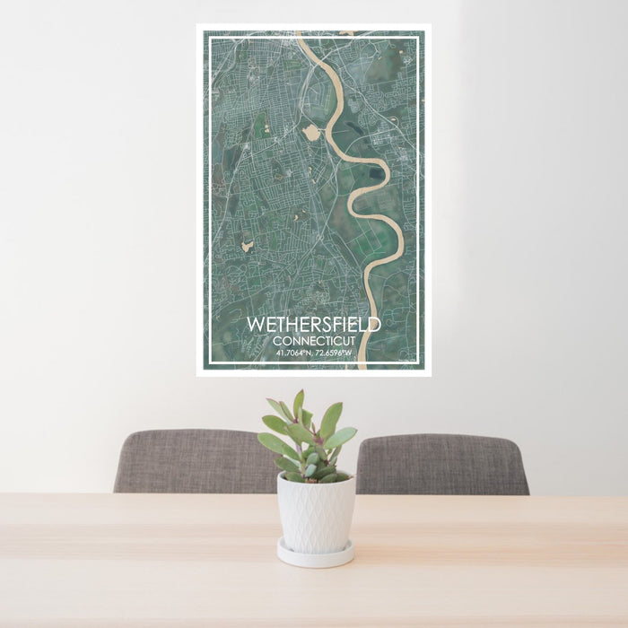 24x36 Wethersfield Connecticut Map Print Portrait Orientation in Afternoon Style Behind 2 Chairs Table and Potted Plant