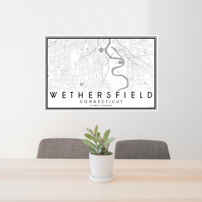 24x36 Wethersfield Connecticut Map Print Lanscape Orientation in Classic Style Behind 2 Chairs Table and Potted Plant
