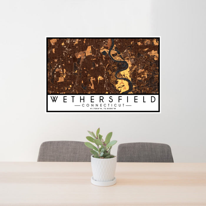 24x36 Wethersfield Connecticut Map Print Lanscape Orientation in Ember Style Behind 2 Chairs Table and Potted Plant