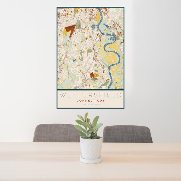 24x36 Wethersfield Connecticut Map Print Portrait Orientation in Woodblock Style Behind 2 Chairs Table and Potted Plant