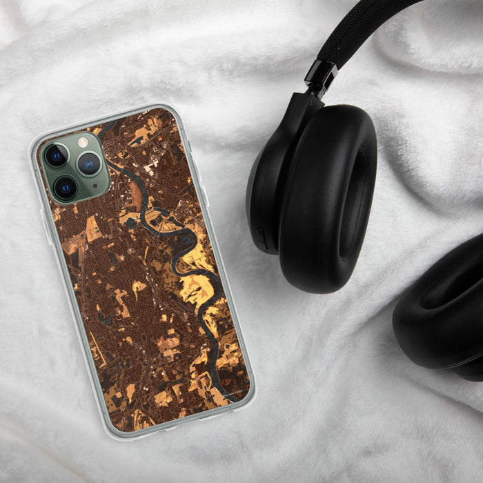 Custom Wethersfield Connecticut Map Phone Case in Ember on Table with Black Headphones