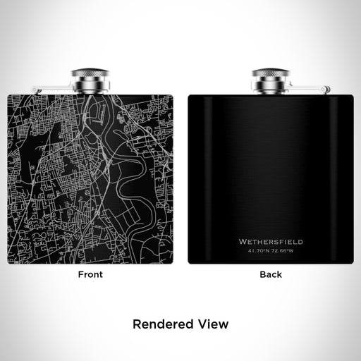 Rendered View of Wethersfield Connecticut Map Engraving on 6oz Stainless Steel Flask in Black