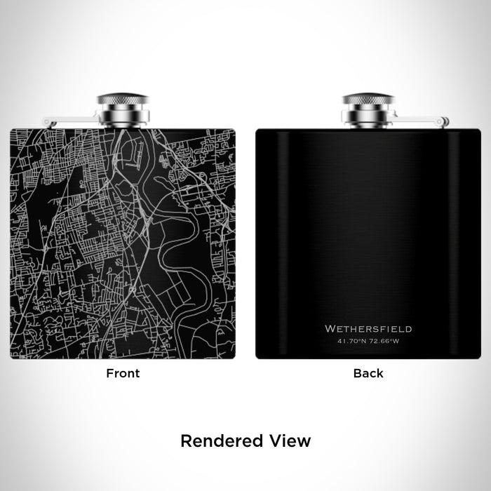 Rendered View of Wethersfield Connecticut Map Engraving on 6oz Stainless Steel Flask in Black