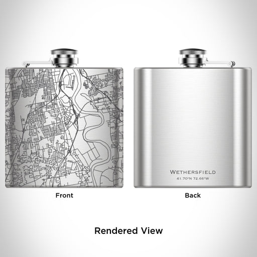 Rendered View of Wethersfield Connecticut Map Engraving on 6oz Stainless Steel Flask