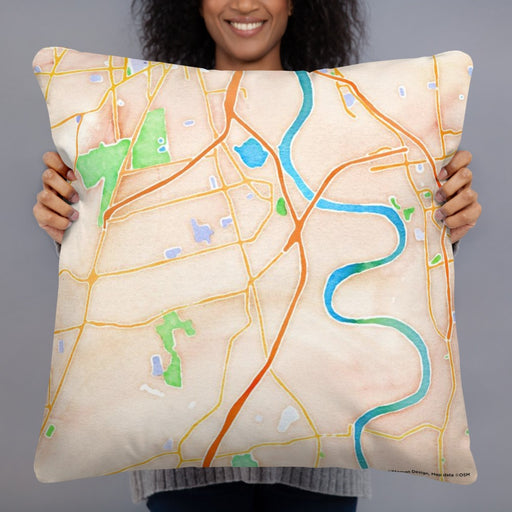Person holding 22x22 Custom Wethersfield Connecticut Map Throw Pillow in Watercolor