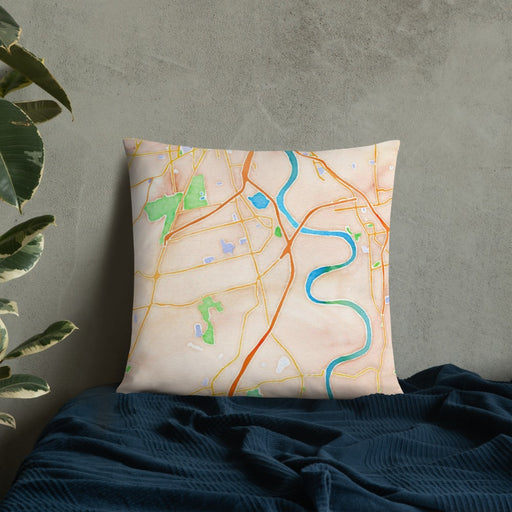 Custom Wethersfield Connecticut Map Throw Pillow in Watercolor on Bedding Against Wall