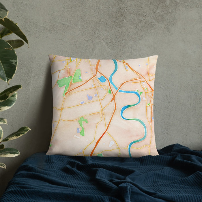 Custom Wethersfield Connecticut Map Throw Pillow in Watercolor on Bedding Against Wall
