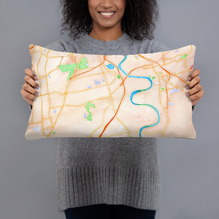 Person holding 20x12 Custom Wethersfield Connecticut Map Throw Pillow in Watercolor