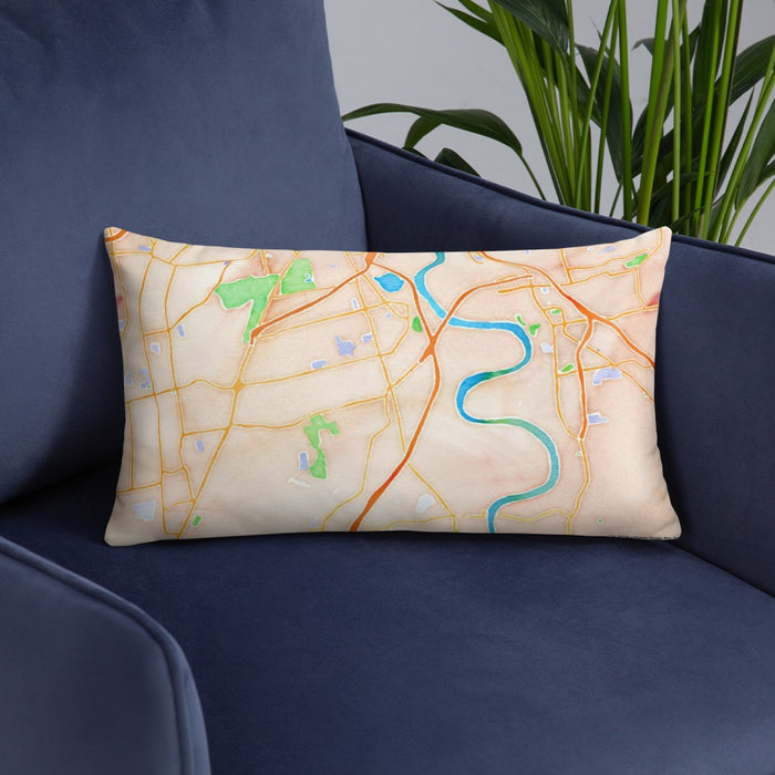 Custom Wethersfield Connecticut Map Throw Pillow in Watercolor on Blue Colored Chair