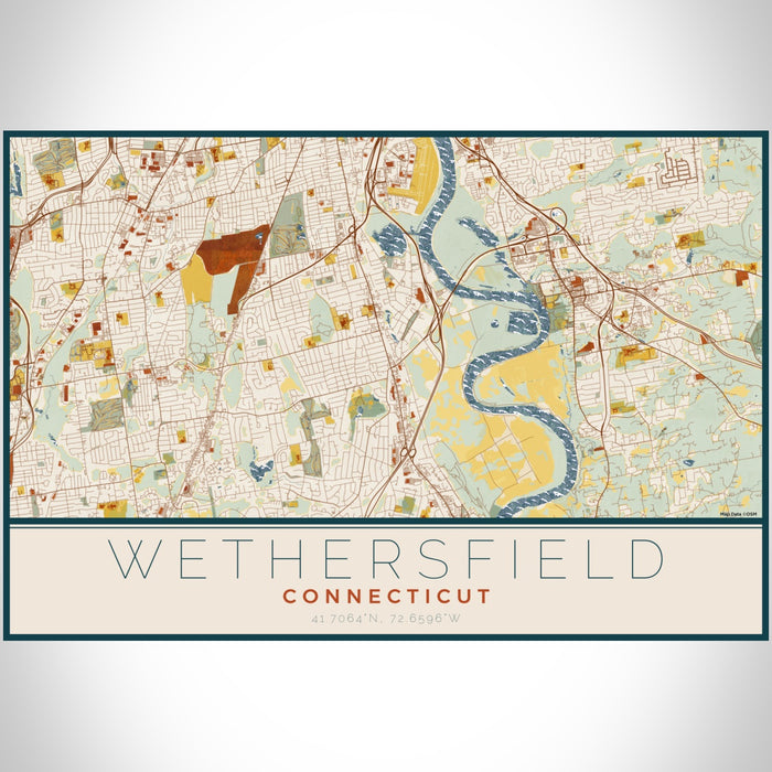 Wethersfield Connecticut Map Print Landscape Orientation in Woodblock Style With Shaded Background