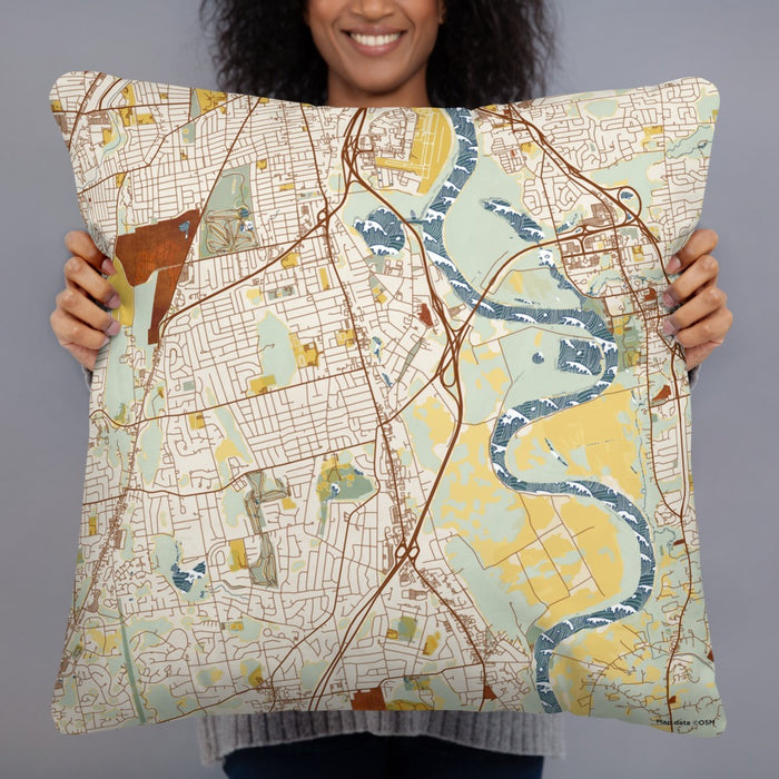 Person holding 22x22 Custom Wethersfield Connecticut Map Throw Pillow in Woodblock