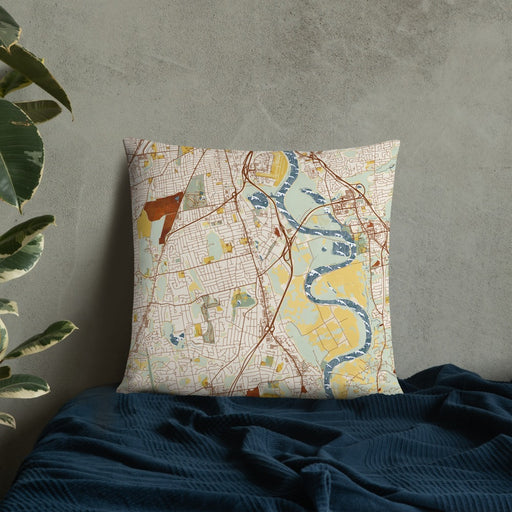 Custom Wethersfield Connecticut Map Throw Pillow in Woodblock on Bedding Against Wall