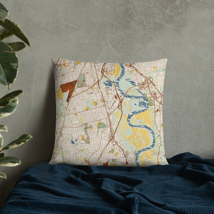 Custom Wethersfield Connecticut Map Throw Pillow in Woodblock on Bedding Against Wall