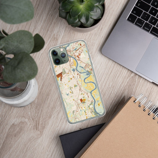Custom Wethersfield Connecticut Map Phone Case in Woodblock on Table with Laptop and Plant