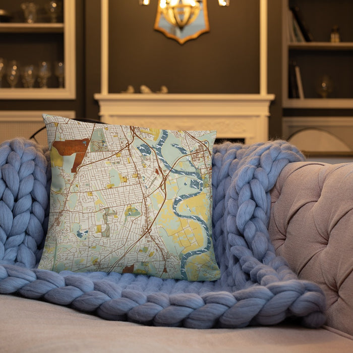 Custom Wethersfield Connecticut Map Throw Pillow in Woodblock on Cream Colored Couch