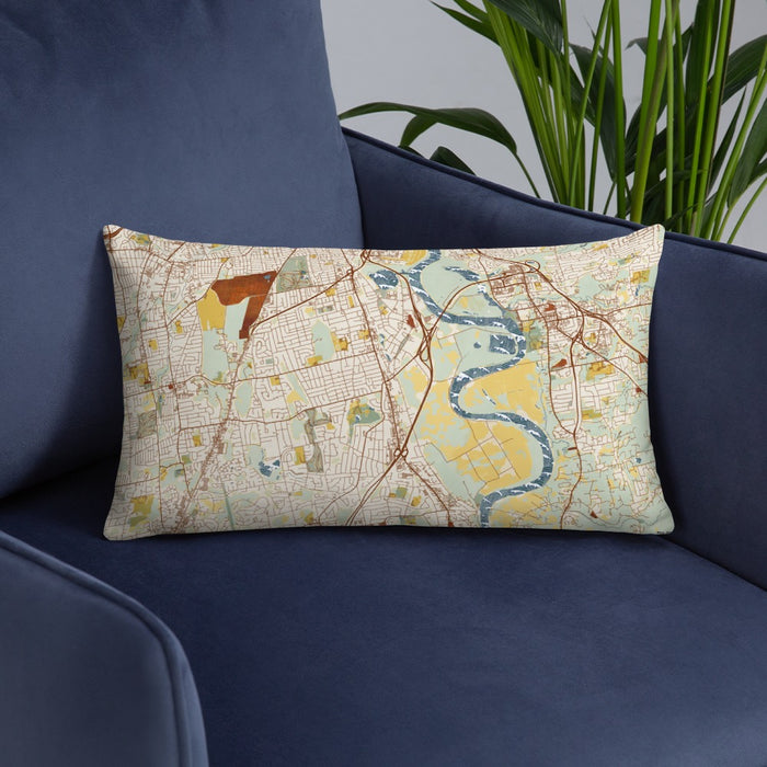 Custom Wethersfield Connecticut Map Throw Pillow in Woodblock on Blue Colored Chair