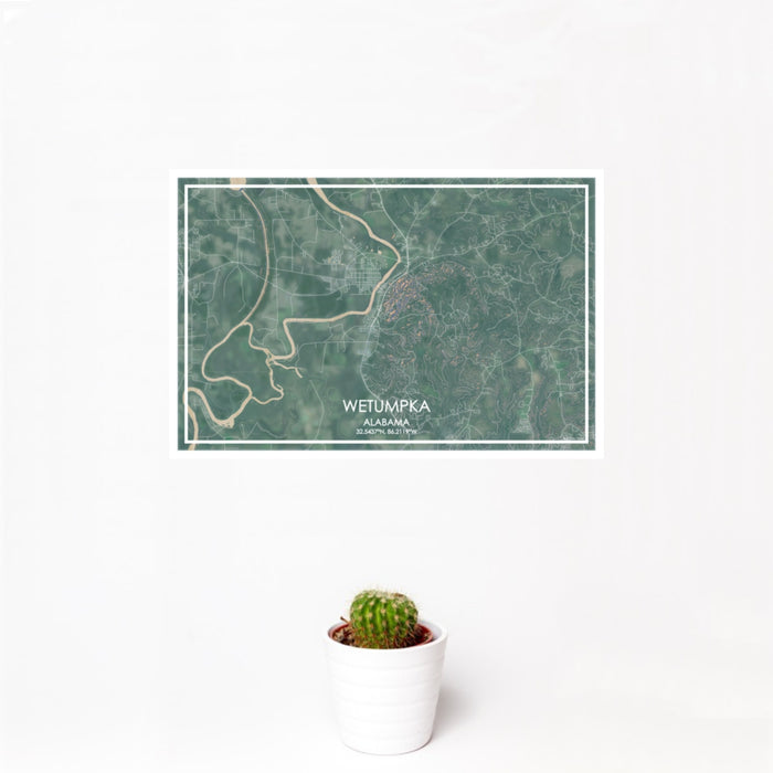 12x18 Wetumpka Alabama Map Print Landscape Orientation in Afternoon Style With Small Cactus Plant in White Planter