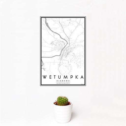 12x18 Wetumpka Alabama Map Print Portrait Orientation in Classic Style With Small Cactus Plant in White Planter