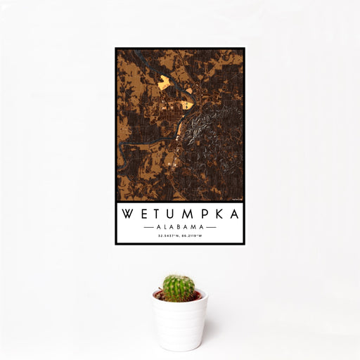 12x18 Wetumpka Alabama Map Print Portrait Orientation in Ember Style With Small Cactus Plant in White Planter
