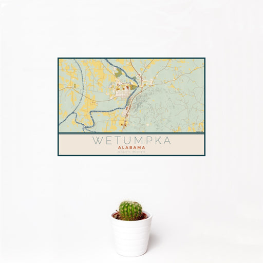 12x18 Wetumpka Alabama Map Print Landscape Orientation in Woodblock Style With Small Cactus Plant in White Planter