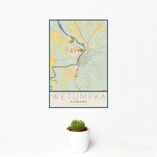 12x18 Wetumpka Alabama Map Print Portrait Orientation in Woodblock Style With Small Cactus Plant in White Planter