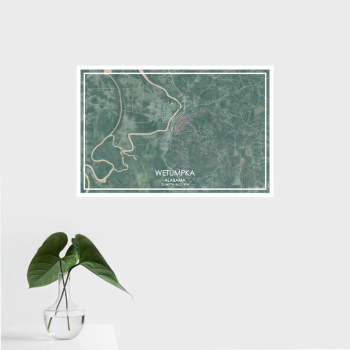 16x24 Wetumpka Alabama Map Print Landscape Orientation in Afternoon Style With Tropical Plant Leaves in Water