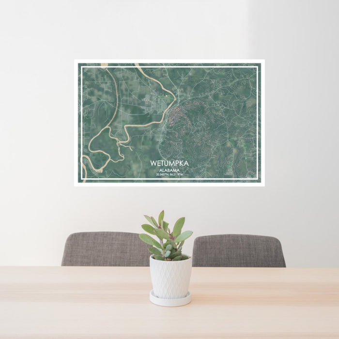 24x36 Wetumpka Alabama Map Print Lanscape Orientation in Afternoon Style Behind 2 Chairs Table and Potted Plant