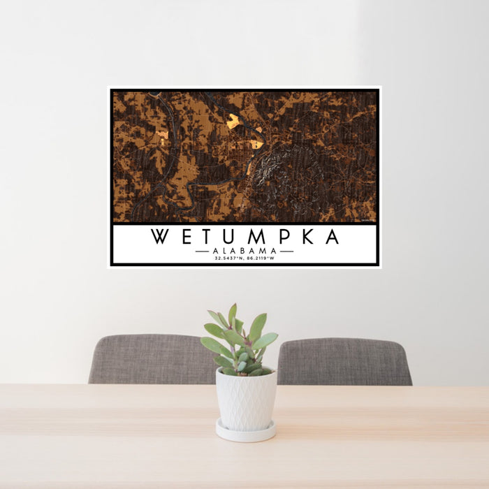 24x36 Wetumpka Alabama Map Print Lanscape Orientation in Ember Style Behind 2 Chairs Table and Potted Plant