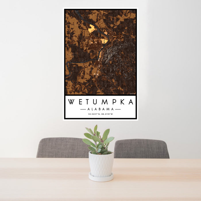 24x36 Wetumpka Alabama Map Print Portrait Orientation in Ember Style Behind 2 Chairs Table and Potted Plant