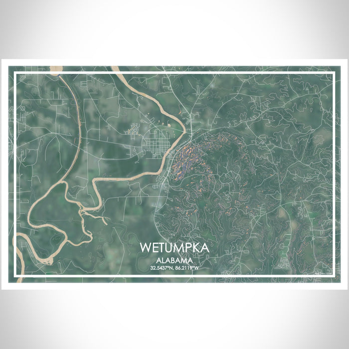 Wetumpka Alabama Map Print Landscape Orientation in Afternoon Style With Shaded Background