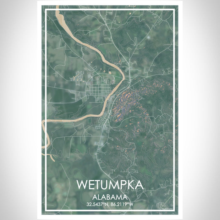 Wetumpka Alabama Map Print Portrait Orientation in Afternoon Style With Shaded Background