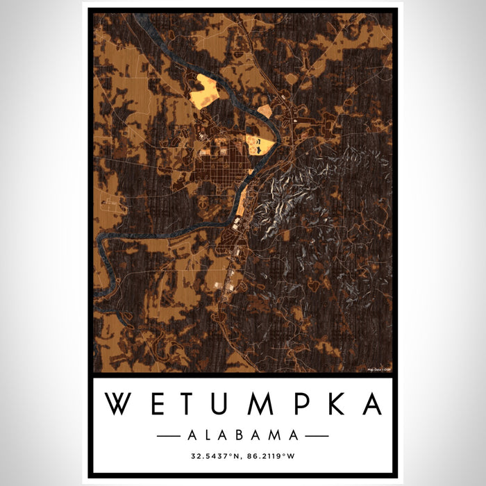 Wetumpka Alabama Map Print Portrait Orientation in Ember Style With Shaded Background