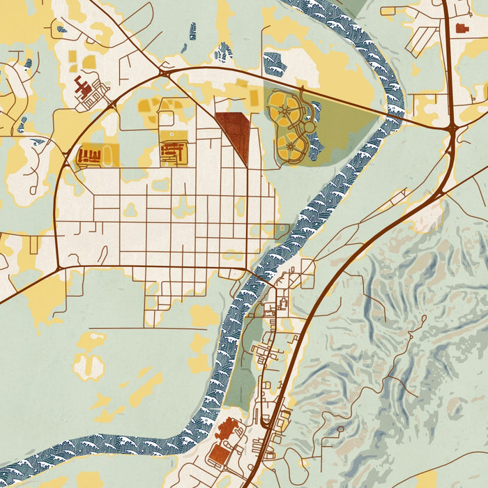 Wetumpka Alabama Map Print in Woodblock Style Zoomed In Close Up Showing Details