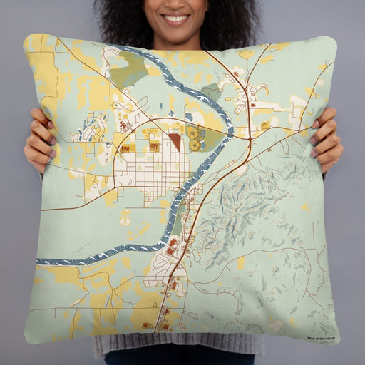 Person holding 22x22 Custom Wetumpka Alabama Map Throw Pillow in Woodblock