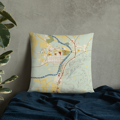 Custom Wetumpka Alabama Map Throw Pillow in Woodblock on Bedding Against Wall