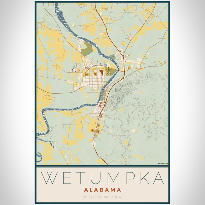 Wetumpka Alabama Map Print Portrait Orientation in Woodblock Style With Shaded Background