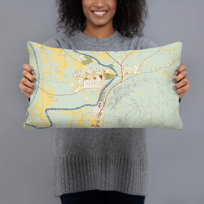 Person holding 20x12 Custom Wetumpka Alabama Map Throw Pillow in Woodblock