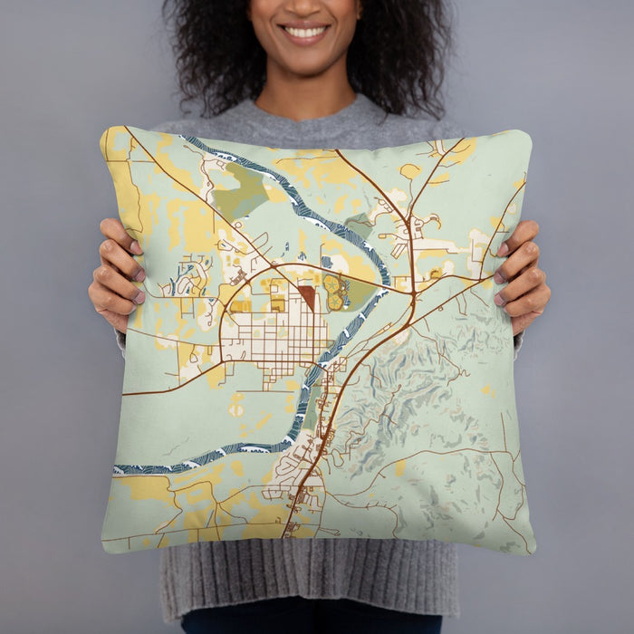 Person holding 18x18 Custom Wetumpka Alabama Map Throw Pillow in Woodblock