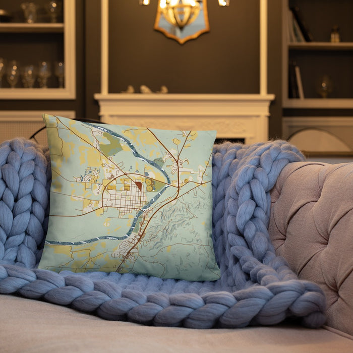 Custom Wetumpka Alabama Map Throw Pillow in Woodblock on Cream Colored Couch