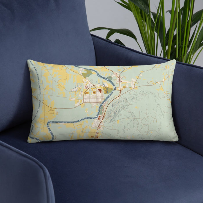 Custom Wetumpka Alabama Map Throw Pillow in Woodblock on Blue Colored Chair