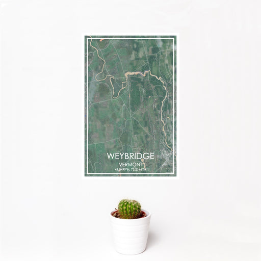 12x18 Weybridge Vermont Map Print Portrait Orientation in Afternoon Style With Small Cactus Plant in White Planter